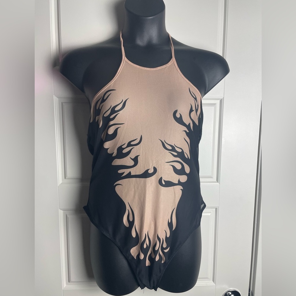 SHEIN Curve Flame Print Halter Mesh Bodysuit 2XL Y2K Sheer Top